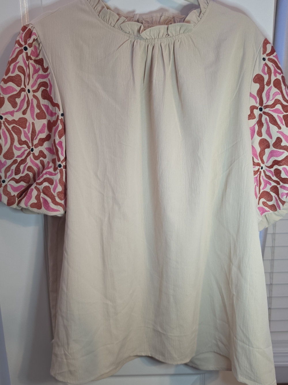 entro Cream Blouse with Pink & Rust Floral Puff Sleeves
